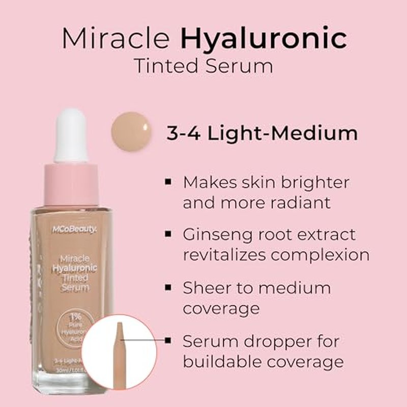 MCoBeauty - Miracle Hyaluronic Tinted Serum - 3-4 Light Medium - Skincare-Infused Hydrating Skin Tint with Hyaluronic Acid - Buildable & Medium Coverage Moisturizing Serum Foundation - Cruelty Free
