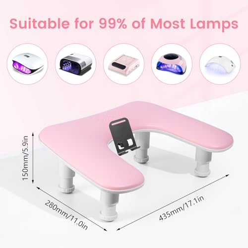 Arm Rest for Nails Tech: 3rd Generation Manicure Nail Arm Rest with Rotating Phone Stand, U-Shaped Height Adjustable Hand Rest Pillow for Acrylic Nails Pink