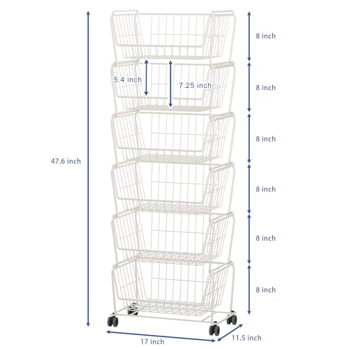 White 6-Tier Tall Wire Storage Baskets with Lockable Wheels - Vertical Kitchen Organizer