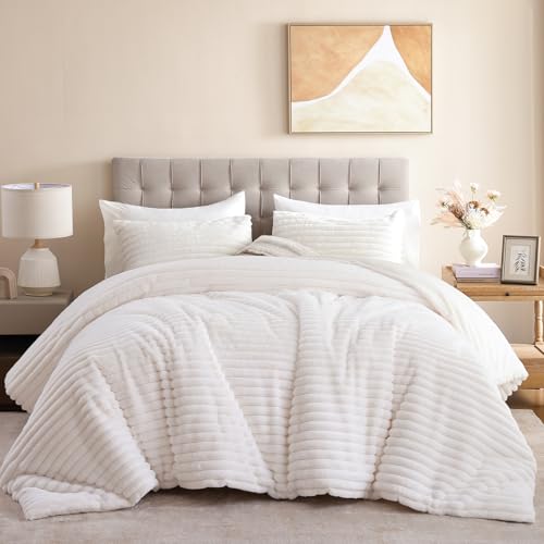 Queen Comforter Set Cream White 7-Piece Bed in a Bag Fluffy Bedding