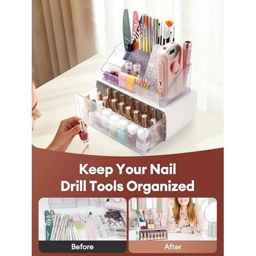 LIARTY Nail Drill Holder with Drawer: Acrylic Nail Drill Bits Holder Makeup Organizer Case for Brush - Beauty Cosmetic Storage Box for Dresser Countertop and Bathroom Vanity