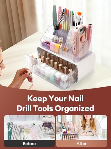 Acrylic Nail Drill Organizer with Drawer - White, Large Capacity, Professional Nail Tool Storage