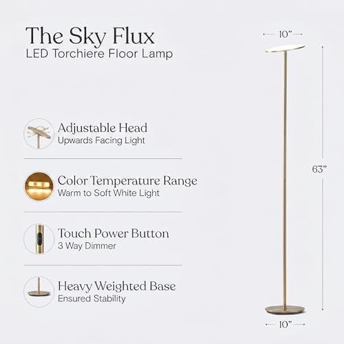 Antique Brass Dimmable LED Floor Lamp with 3 Light Modes - Tall Standing Torch Light for Living Room & Bedroom