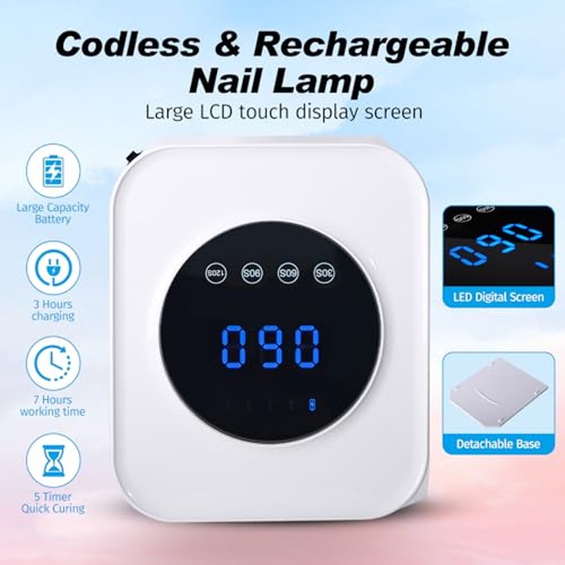 Belovedone UV Nail Lamp, 72W Rechargeable LED Gel Nail Light Dryer for Gel Polish 4 Timer Modes Cordless Bling White Diamond Rhinestones for Salon & Home