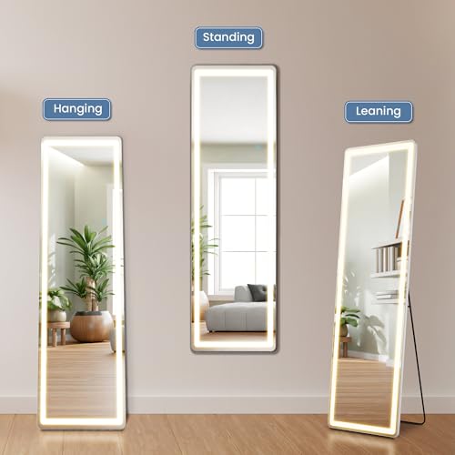 White 16x60 Inch LED Full Length Mirror with Lights - Wall Mount & Stand