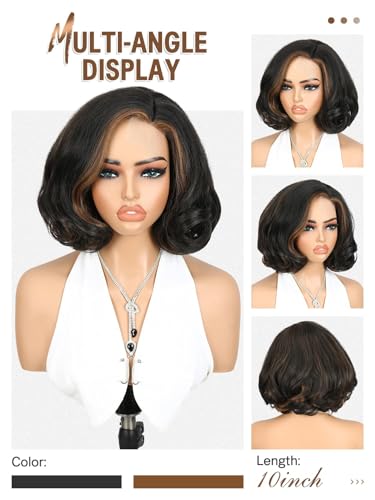 Highlight Brown Short Yaki Curly Wig 10 Inch Natural Wave Bob Hair