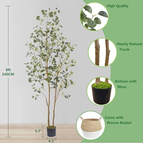 8ft Artificial Eucalyptus Tree with Woven Basket – Realistic Faux Indoor Outdoor Plant