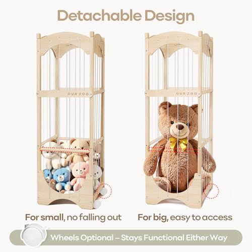 Kids Wooden Stuffed Animal Storage Organizer with Lockable Wheels