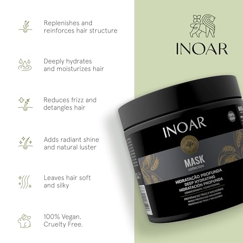 INOAR Mask Hair Moist Mask with Macadamia Oil & Wheat Proteins for Deep Hydration & Repair, 17.6 oz