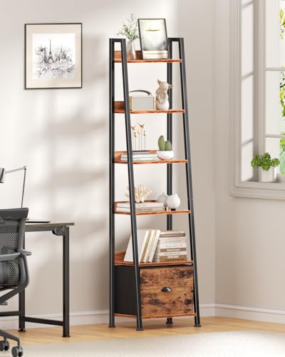 Rustic Brown 6-Tier Ladder Shelf with Fabric Drawer - Tall Storage Organizer