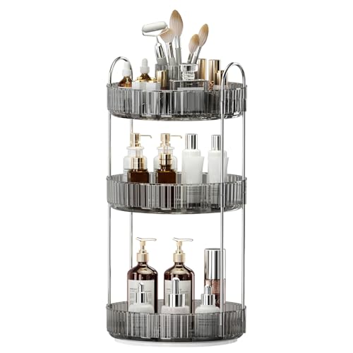 3-Tier Grey Rotating Makeup Organizer with Brush Holder - Upgraded Countertop Storage for Women