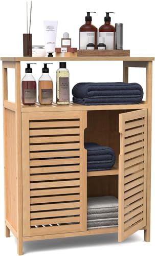 Bamboo Bathroom Storage Cabinet with 2 Doors - Freestanding Kitchen & Home Organizer
