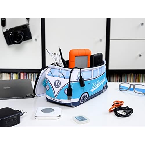 BRISA VW Collection - Volkswagen Neoprene Universal Makeup Cosmetics Toiletry Travel Pharmacy Bag in T1 Bus Design (Turquoise) (Large (11.8 x 5.5 x 4.7 inches))