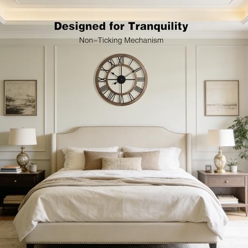 Brown 24-Inch Rustic Wooden Wall Clock with Roman Numerals - Farmhouse Decor