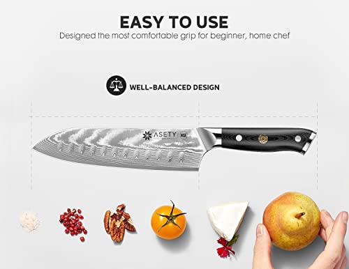 ASETY Damascus Knife Set 3 Pieces with G10 Handle - Chef, Santoku & Utility Knives