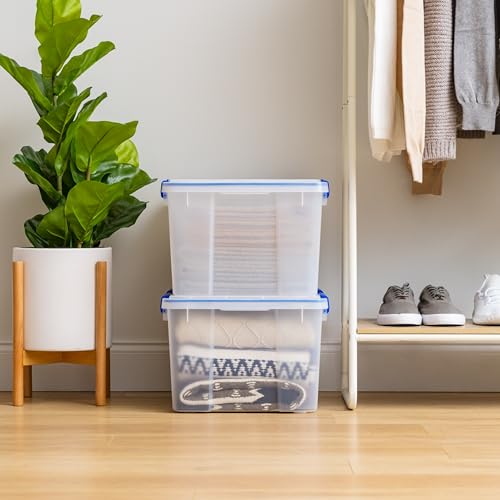 2-Pack 44 Qt Clear Blue Storage Bins with Gasket Lids - Weatherproof, Stackable, Made in USA
