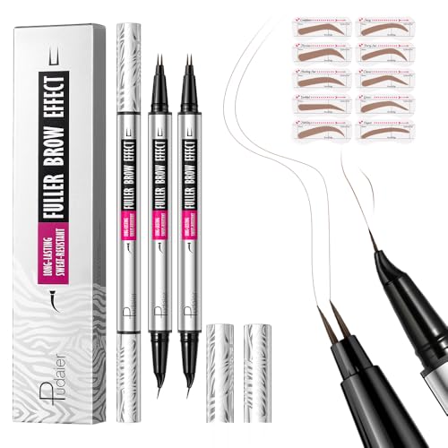 Pudaier 2 Pack 2 Fine Tip Eyebrow Pen, Waterproof Filling Faux Brow Makeup Pencils for Women with Precise Curved Brush-Tip to Fast Create Natural Hair-Like Brows, Last All-Day (Natural Brown)