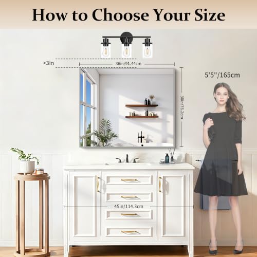 COFENY Silver Bathroom Mirror 36x30 Inch Rectangle Wall Mirror with Metal Frame, Modern Vanity for Bathroom & Entryway - Horizontal or Vertical Hanging