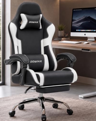 Dowinx White Ergonomic Gaming Chair with Footrest & Massage Lumbar, 150° Recline, 2D Armrests, Headrest Pillow, Supports 330lbs