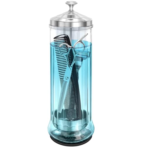 Glass Disinfectant Jar with anti-slip pad 53 Oz/1500ML, Barber Disinfectant Jar With Removable Basket, Large Sterilizing for Manicure & Pedicure Implements Stainless Steel 11.7"H x 3.8"W