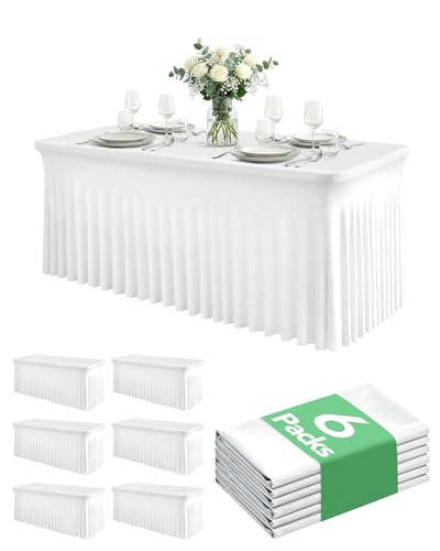 KeyWave 6ft White Spandex Table Cover Skirt - 6 Pack Rectangle, Floor-Length Ruffle