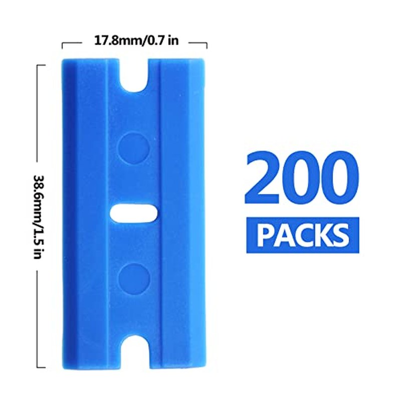 200 Pcs Plastic Razor Blades Plastic Scraper Blades Double Edge Razor Blade for Removing Labels Stickers Gasket Decals on Glass Car Window - Blue