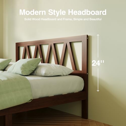 Twin Bed Frame Wooden Bed with Headboard - Walnut, No Box Spring Needed, Easy Assembly