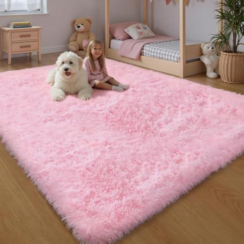 Pink Fluffy Area Rug 8x10 ft - Washable Fuzzy Shag Carpet for Living Room