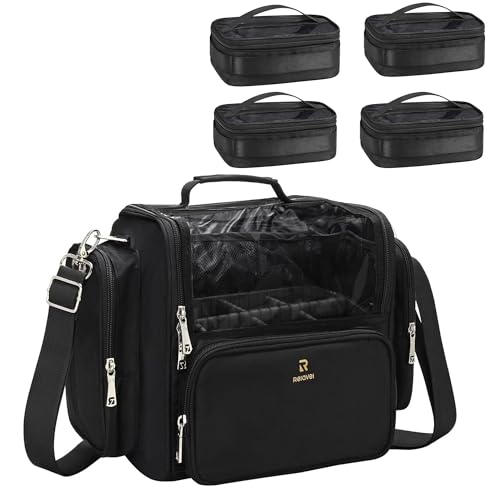 Makeup Brush Bag Extra Large Makeup Brush Case with 4 small bags Professional Makeup Artist Brush Holder Stand Up Organizer for Travel with Adjustable Dividers and Shoulder Strap