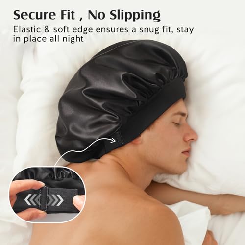 YFONG Silk Lined Sleep Bonnet for Women & Men, Double Layer Adjustable Black & Purple