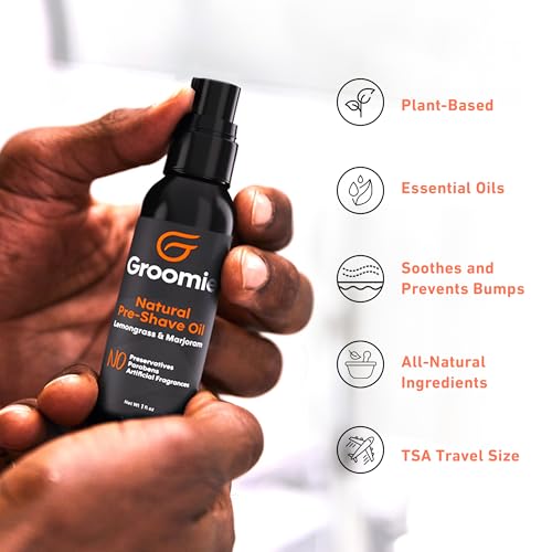 GROOMIE Natural Pre-Shave Oil for Bald Headed Men and Women | Specially Formulated Plant Based Recipe with Milk Thistle Seed, Essential Oils, Antioxidants, and Vitamin E | Promotes Close Shave -1 OZ