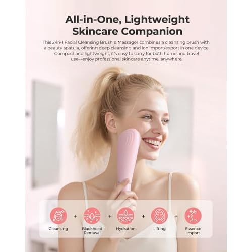 Facial Cleansing Brush & Massager, 2 in 1 Facial Skin Scrubber Waterproof and Rechargeable Face Scrub for Deep Cleansing Vibrating Exfoliator Scrubber Skin Care with 7 Modes, Gentle Exfoliating - Pink