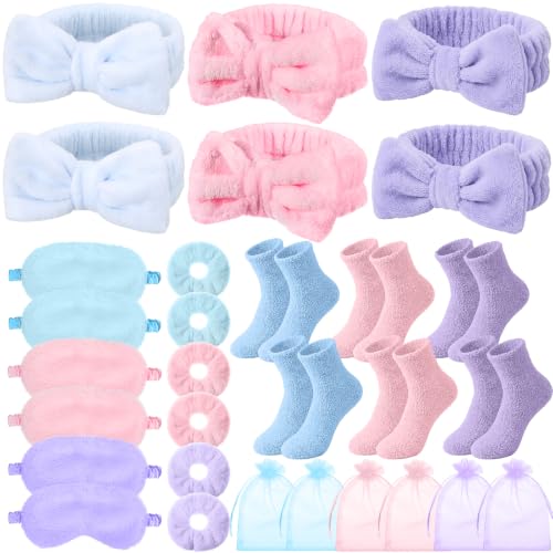 Wavyknot 30 Pcs Spa Party Favors Set with Headbands, Eye Masks, Socks & Organza Bags - Pink, Blue, Purple