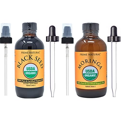 PRIME NATURAL Organic Black Seed Oil [4oz] & Organic Moringa Oil [4oz] Bundle - USDA Certified - Cold Pressed, Virgin, Unrefined, Vegan