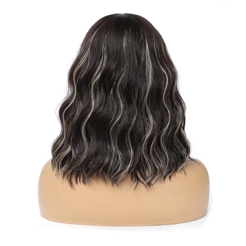 Veally Blonde Highlight Bob Wig with Bangs - Short Brown and Blonde, Natural Look, Synthetic Heat-Resistant Fiber, Variation: Brown Mixed Blonde