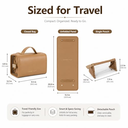 YDR Roll Up Makeup Bag for Women - 4 Detachable Clear Pouches, Hanging Travel Organizer - Brown