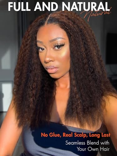 Kinky Straight Half Wig with V Part - 16 Inch Brown Layered Synthetic Wig - Highlight Brown Variation