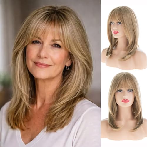 Women Blonde Bob Wigs with Bangs - Layered Natural Looking Synthetic Medium Hair for Daily & Party - Blonde