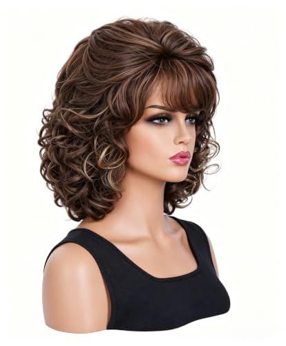 Brown Mixed Wavy Short Wig with Bangs for Women - Synthetic Cosplay & Daily Use