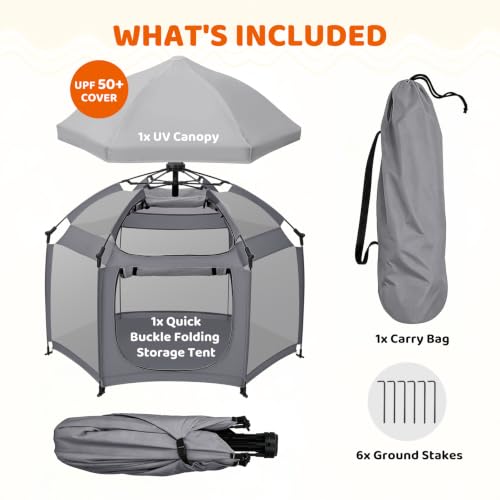 Dripex Baby Playpen with Canopy - Portable Pop Up Play Area for Outdoors, Grey