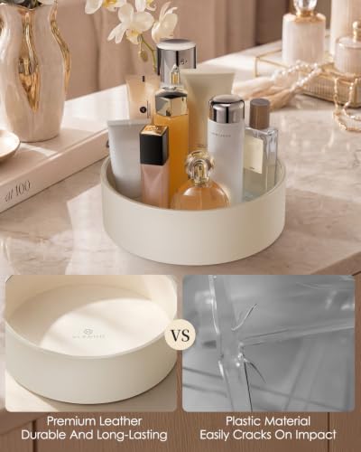 Cream White Rotating Perfume & Makeup Organizer - PU Leather Vanity Storage