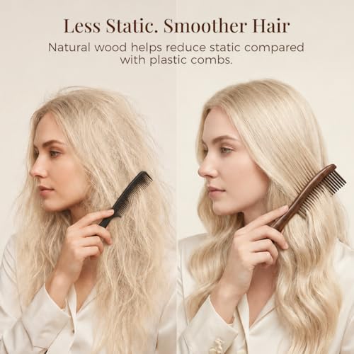 Handmade Wooden Wide Tooth Comb for Curly Hair - Anti-Static Detangling Hairbrush