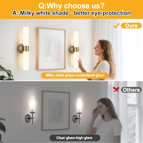 Brass & Milky White Glass Wall Sconces Set of 2 - 22 Inch Modern Bathroom & Bedroom Lighting