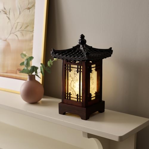 Korean Wooden Table Lantern - Handmade Pagoda Accent Light with Brown House Variation
