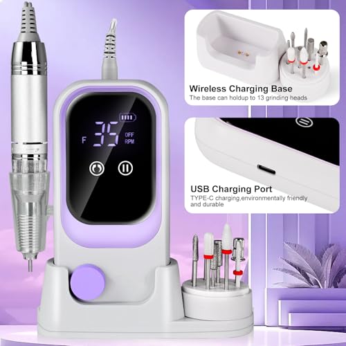 LIMEGIRL Electric File Nail Drill Professional 35000RPM Purple Nail File with Rechargeable Base & Bits Nail Drill Bit Nail Files and Buffers for Acrylic Nail Remove Nail Tech Must Haves for Salon Home