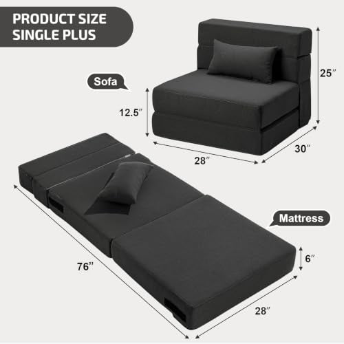 SUYOLS Dark Gray 28-Inch Folding Sofa Bed with Memory Foam Mattress & Pillow