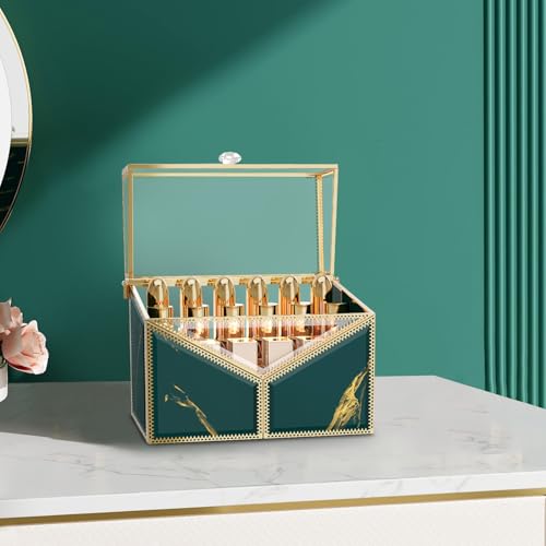 CoralHouse Green Glass Lipstick Organizer with Lid - 18 Slots Vanity Storage