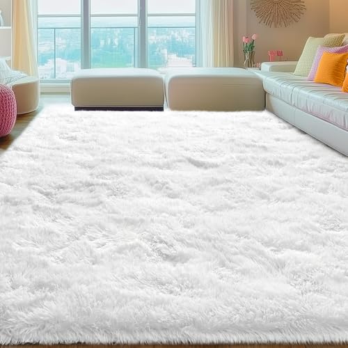 Rezutan Large 8x10 White Shag Rug – Soft Fluffy Non-Slip Area Carpet for Living Room & Bedroom