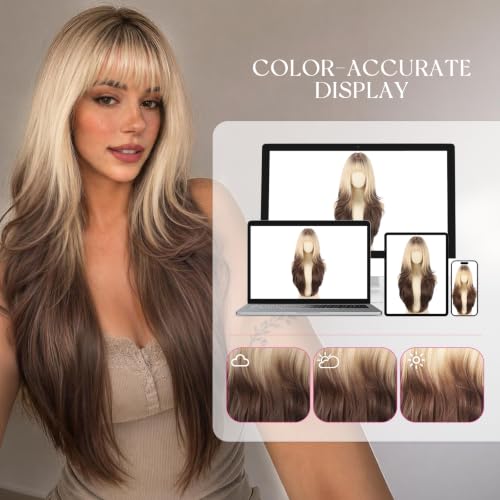 Ombre Blonde Brown Long Wavy Heat-Resistant Wig with Bangs - 26 Inch for Women - Natural Synthetic Layered Style