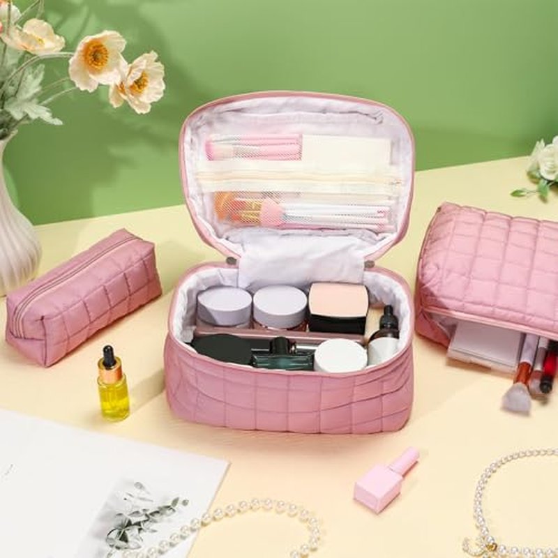 3 Pcs Large Puffy Makeup Bag Set Quilted Cosmetic Pouch for Women Cute Checkered Travel Toiletry Bag Puffer Makeup Organizer Purse Pouch Preppy Pencil Case with Zipper Valentine Gift(Pink)